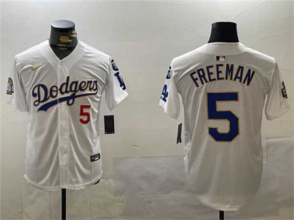 Men%27s Los Angeles Dodgers #5 Freddie Freeman White Gold 2024 World Series With Fernando Memorial Patch Home Limited Stitched Jersey->los angeles dodgers->MLB Jersey